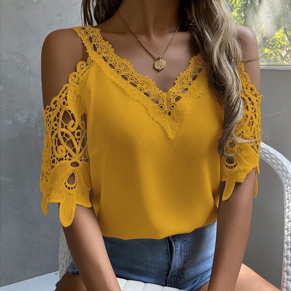 Boho Floral Lace Cold Shoulder Blouse - Picture 1 of 9